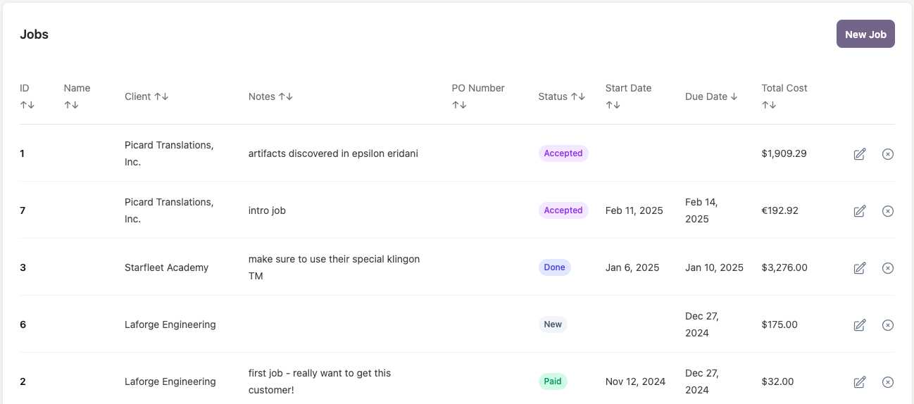main application layout for translator's business management app