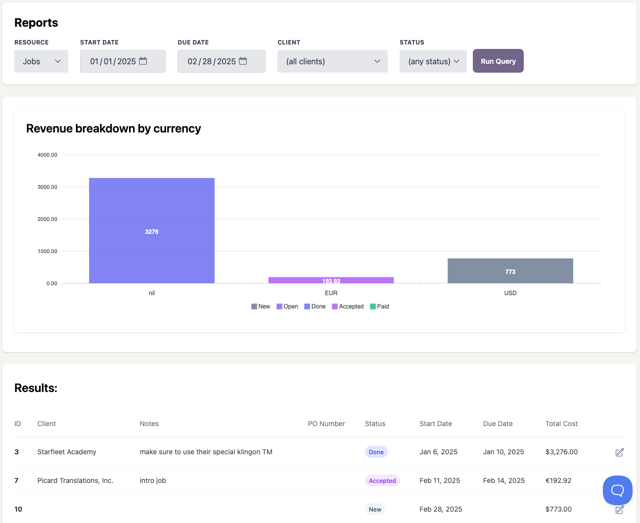 Revenue reporting by year, month, or client
